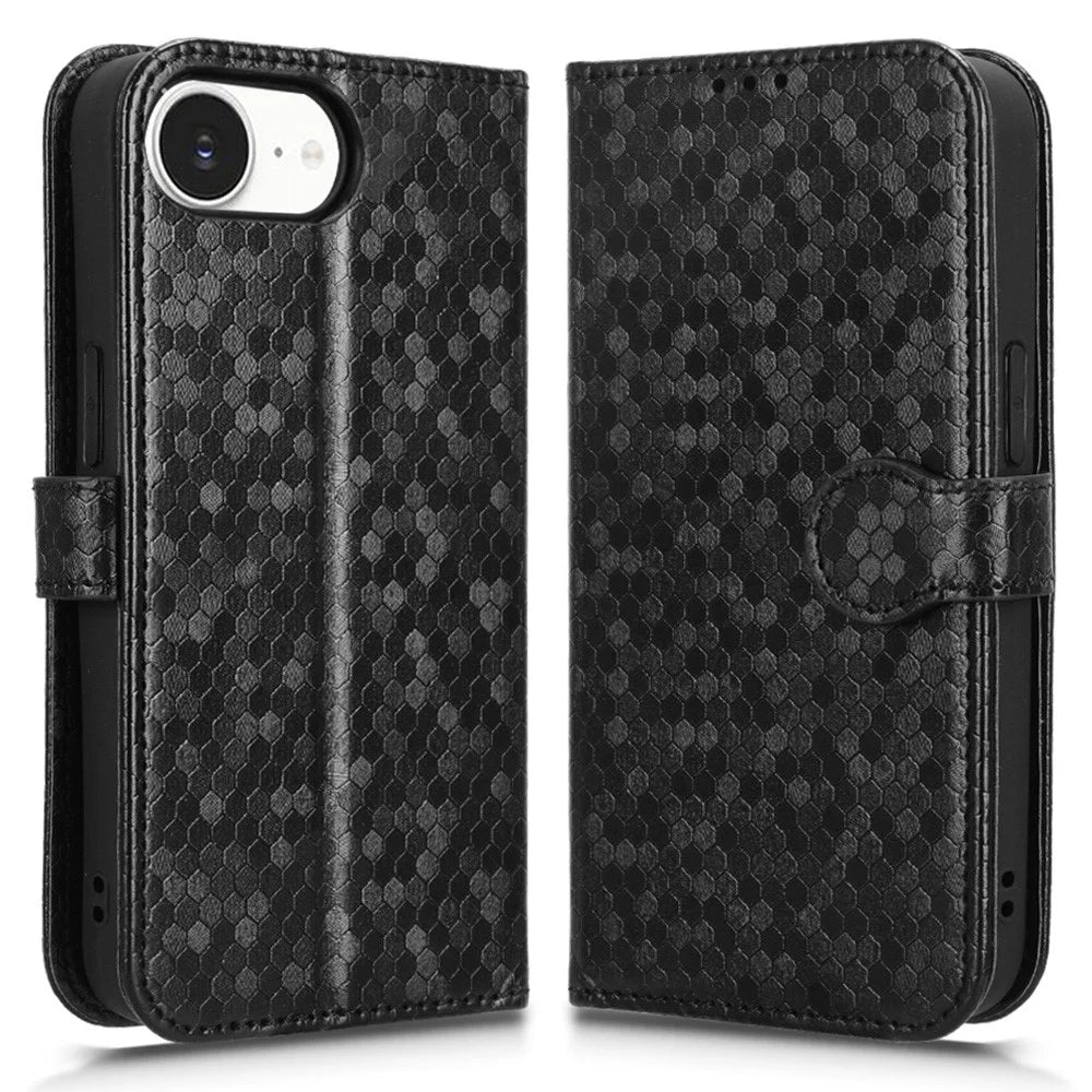 For iPhone 17e / 16e Wallet Case Dot Pattern Imprint PU Leather Phone Cover - Black - 1