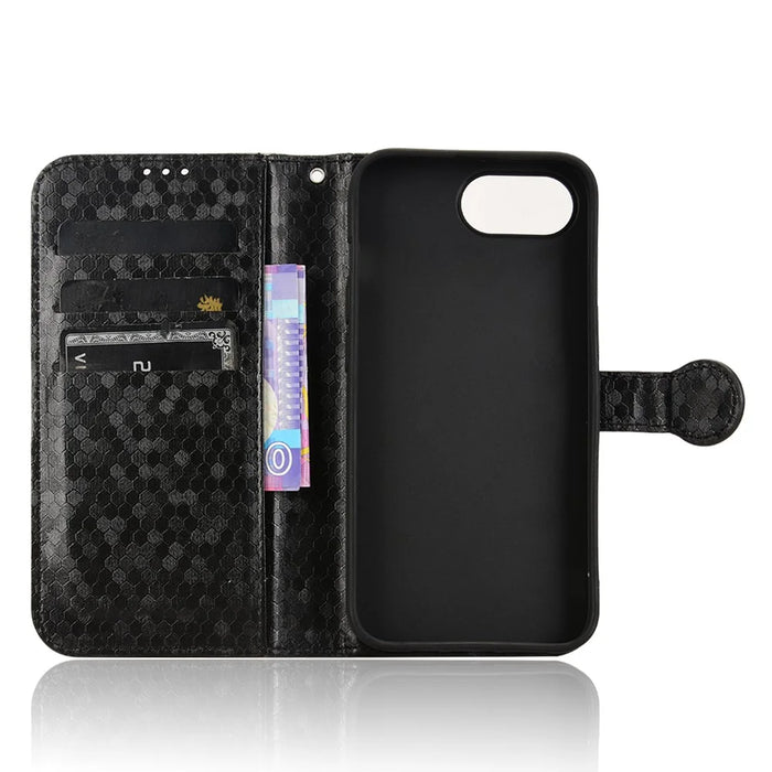 For iPhone 17e / 16e Wallet Case Dot Pattern Imprint PU Leather Phone Cover - Black - 4