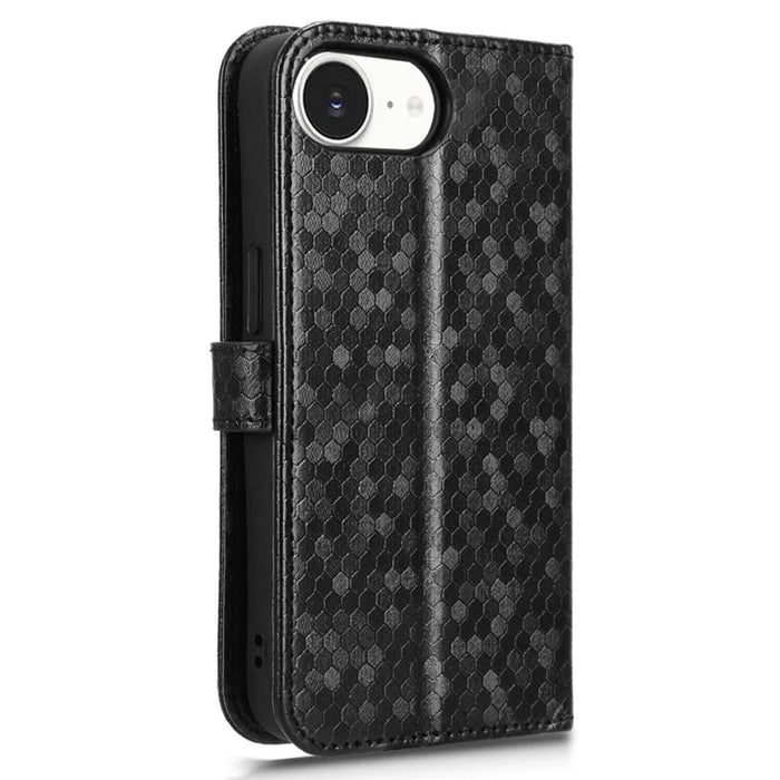 For iPhone 17e / 16e Wallet Case Dot Pattern Imprint PU Leather Phone Cover - Black - 7