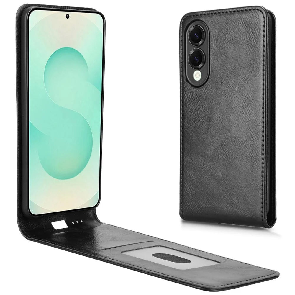 For Samsung Galaxy S25 Edge Case with Card Slot Magnetic Vertical Flip Leather Phone Cover - Black - 1