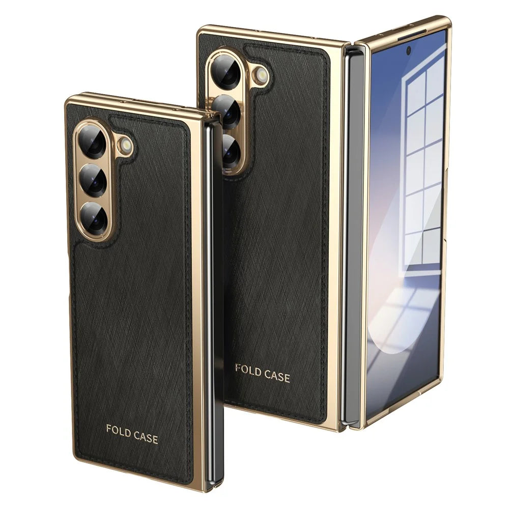 For Samsung Galaxy Z Fold6 5G Case PU Leather Coated PC Electroplated Phone Cover Built In Screen Protector - Black - 1