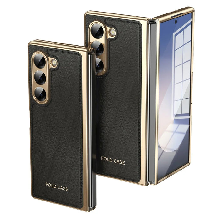 For Samsung Galaxy Z Fold6 5G Case PU Leather Coated PC Electroplated Phone Cover Built In Screen Protector - Black - 1