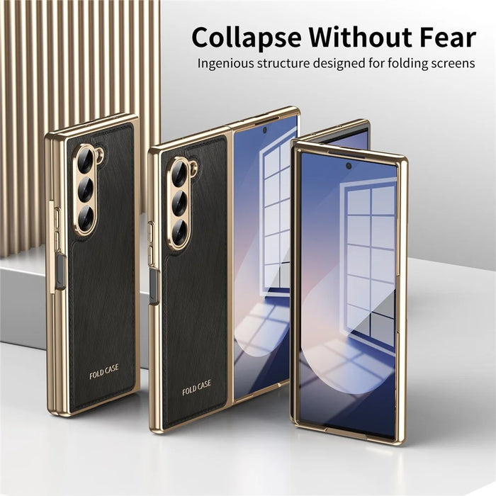 For Samsung Galaxy Z Fold6 5G Case PU Leather Coated PC Electroplated Phone Cover Built In Screen Protector - Black - 2