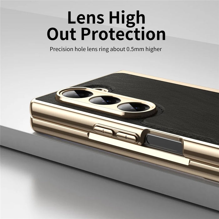 For Samsung Galaxy Z Fold6 5G Case PU Leather Coated PC Electroplated Phone Cover Built In Screen Protector - Black - 3