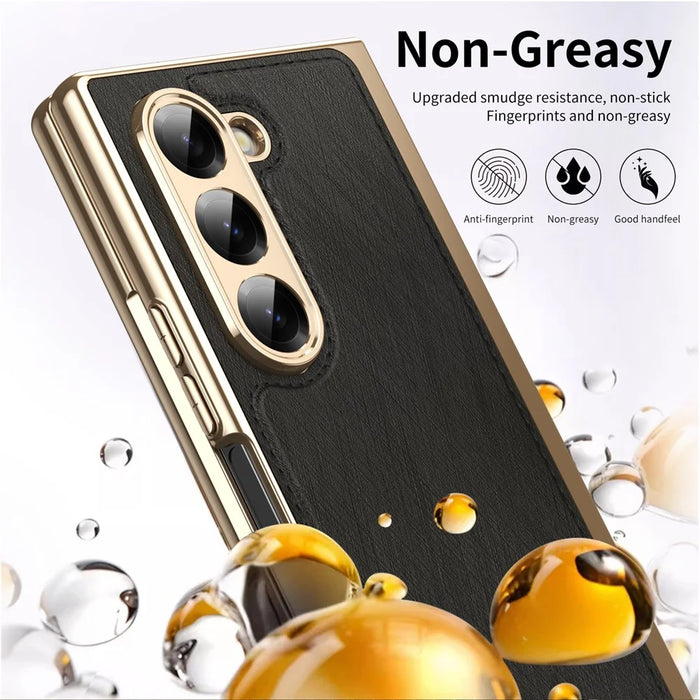 For Samsung Galaxy Z Fold6 5G Case PU Leather Coated PC Electroplated Phone Cover Built In Screen Protector - Black - 5