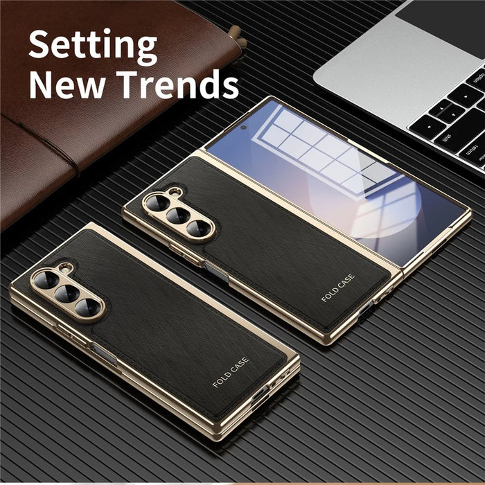 For Samsung Galaxy Z Fold6 5G Case PU Leather Coated PC Electroplated Phone Cover Built In Screen Protector - Black - 6