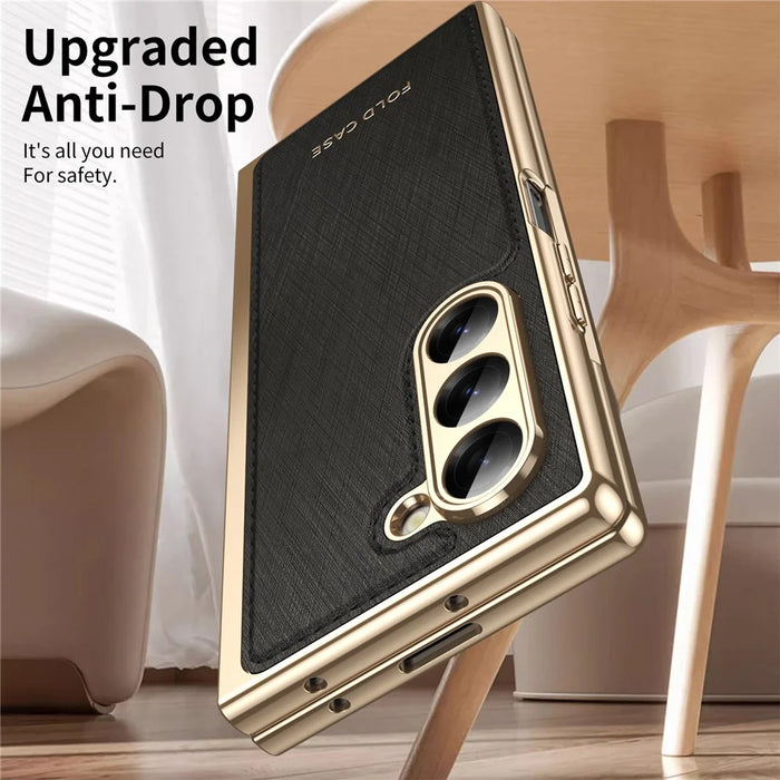 For Samsung Galaxy Z Fold6 5G Case PU Leather Coated PC Electroplated Phone Cover Built In Screen Protector - Black - 7