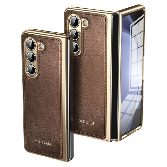 For Samsung Galaxy Z Fold5 5G Case PU Leather Coated PC Electroplated Phone Cover Built In Screen Protector - Brown - 1