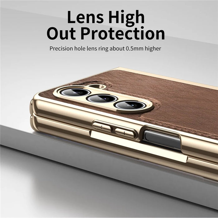For Samsung Galaxy Z Fold5 5G Case PU Leather Coated PC Electroplated Phone Cover Built In Screen Protector - Brown - 2