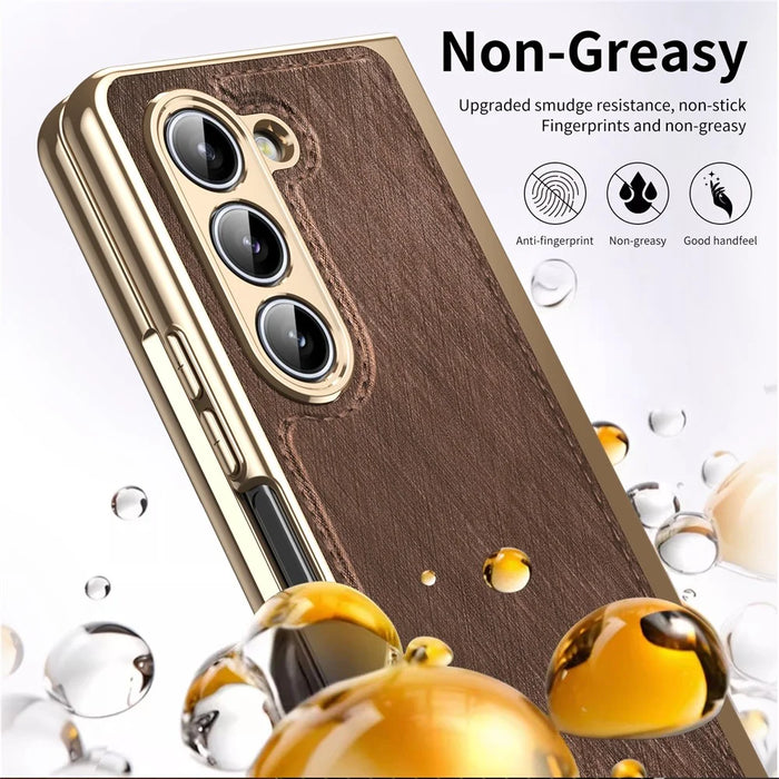 For Samsung Galaxy Z Fold5 5G Case PU Leather Coated PC Electroplated Phone Cover Built In Screen Protector - Brown - 3