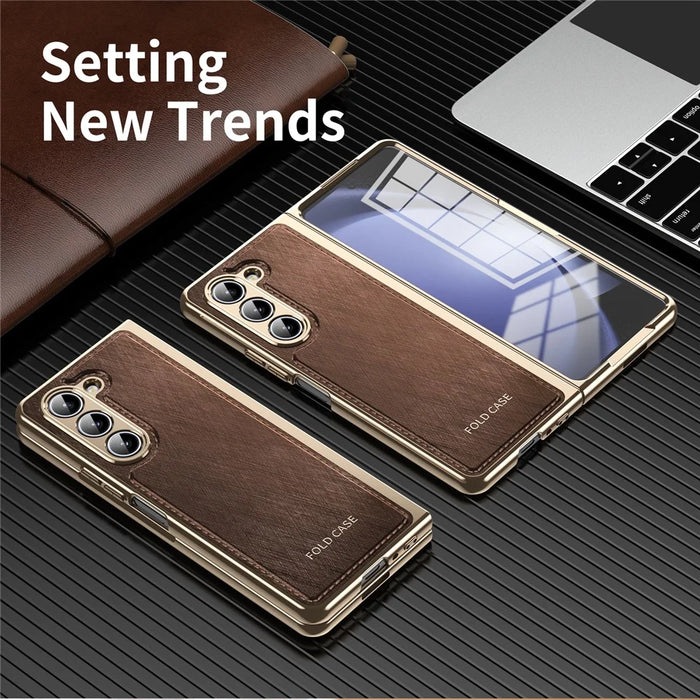 For Samsung Galaxy Z Fold5 5G Case PU Leather Coated PC Electroplated Phone Cover Built In Screen Protector - Brown - 4