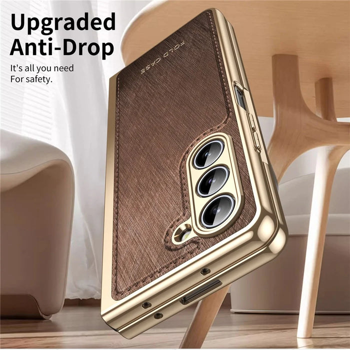 For Samsung Galaxy Z Fold5 5G Case PU Leather Coated PC Electroplated Phone Cover Built In Screen Protector - Brown - 5