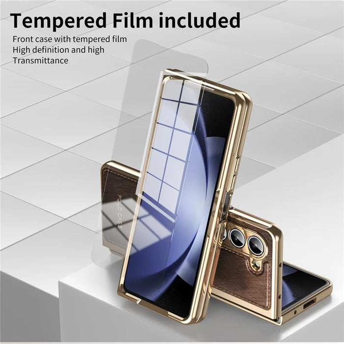 For Samsung Galaxy Z Fold5 5G Case PU Leather Coated PC Electroplated Phone Cover Built In Screen Protector - Brown - 6