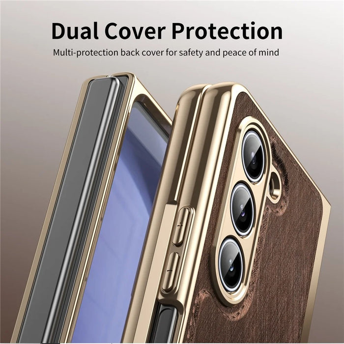 For Samsung Galaxy Z Fold5 5G Case PU Leather Coated PC Electroplated Phone Cover Built In Screen Protector - Brown - 7