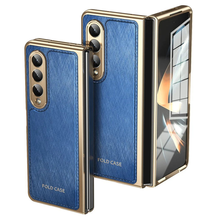 For Samsung Galaxy Z Fold4 5G Case PU Leather Coated PC Electroplated Phone Cover Built In Screen Protector - Blue - 1