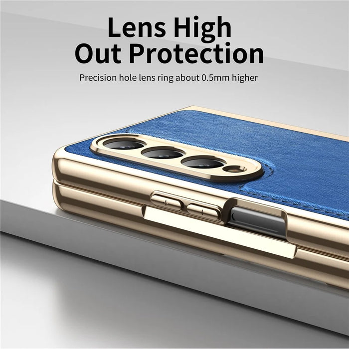 For Samsung Galaxy Z Fold4 5G Case PU Leather Coated PC Electroplated Phone Cover Built In Screen Protector - Blue - 3