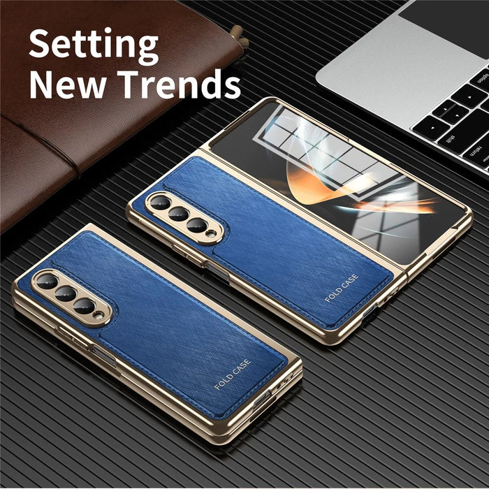 For Samsung Galaxy Z Fold4 5G Case PU Leather Coated PC Electroplated Phone Cover Built In Screen Protector - Blue - 5