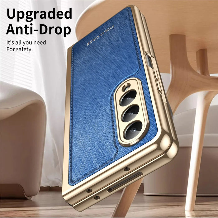 For Samsung Galaxy Z Fold4 5G Case PU Leather Coated PC Electroplated Phone Cover Built In Screen Protector - Blue - 6
