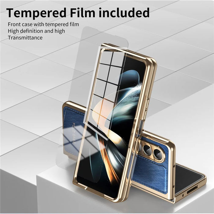 For Samsung Galaxy Z Fold4 5G Case PU Leather Coated PC Electroplated Phone Cover Built In Screen Protector - Blue - 7