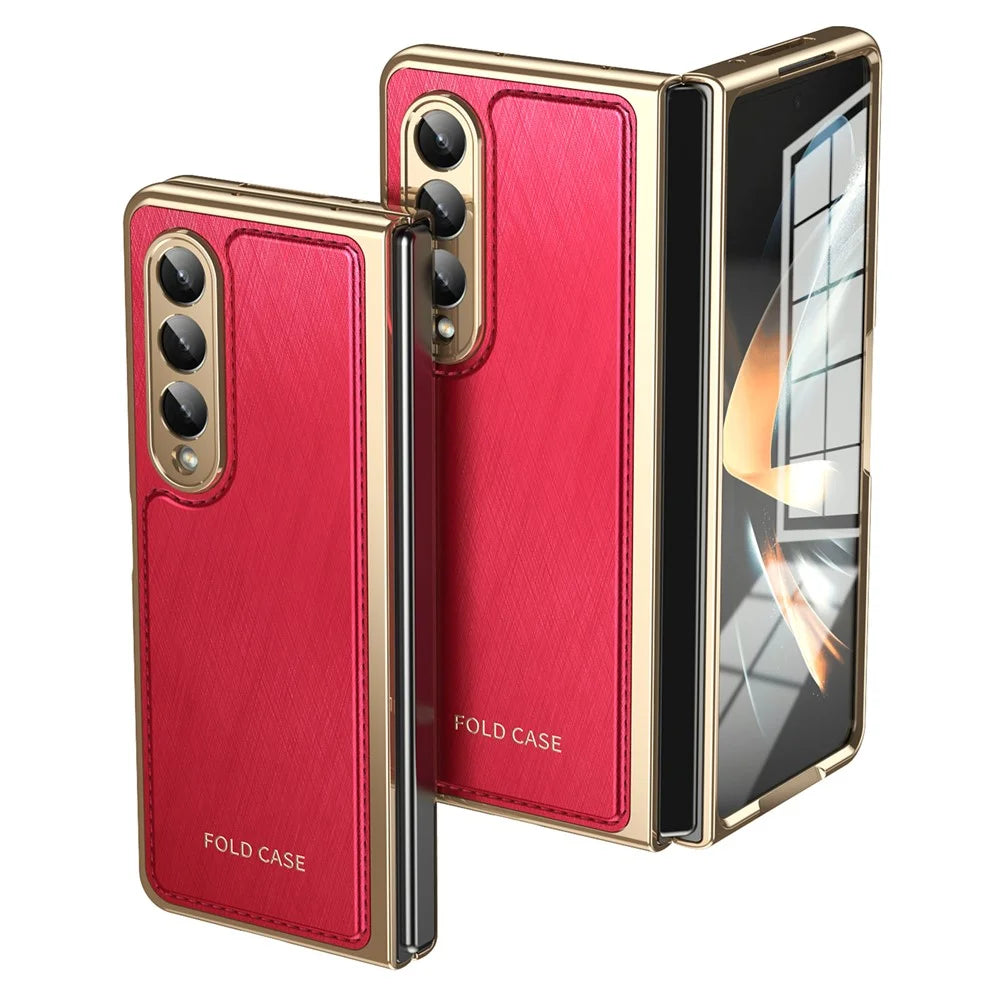 For Samsung Galaxy Z Fold3 5G Case PU Leather Coated PC Electroplated Phone Cover Built In Screen Protector - Red - 1