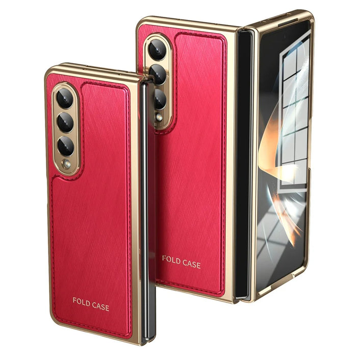 For Samsung Galaxy Z Fold3 5G Case PU Leather Coated PC Electroplated Phone Cover Built In Screen Protector - Red - 1
