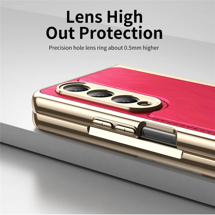For Samsung Galaxy Z Fold3 5G Case PU Leather Coated PC Electroplated Phone Cover Built In Screen Protector - Red - 2