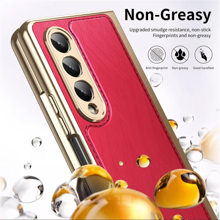 For Samsung Galaxy Z Fold3 5G Case PU Leather Coated PC Electroplated Phone Cover Built In Screen Protector - Red - 3