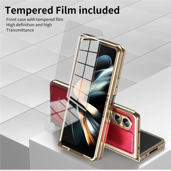 For Samsung Galaxy Z Fold3 5G Case PU Leather Coated PC Electroplated Phone Cover Built In Screen Protector - Red - 5