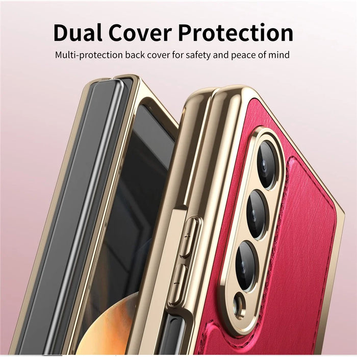 For Samsung Galaxy Z Fold3 5G Case PU Leather Coated PC Electroplated Phone Cover Built In Screen Protector - Red - 6