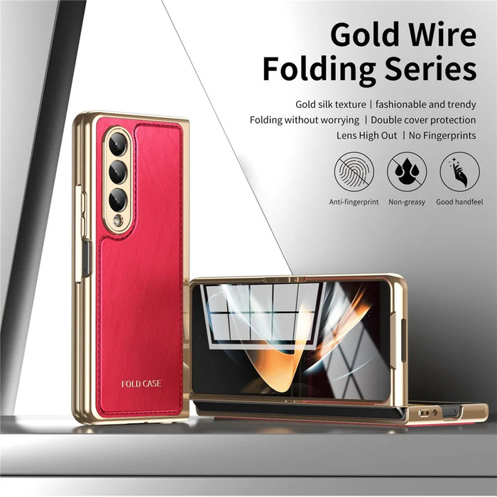 For Samsung Galaxy Z Fold3 5G Case PU Leather Coated PC Electroplated Phone Cover Built In Screen Protector - Red - 7