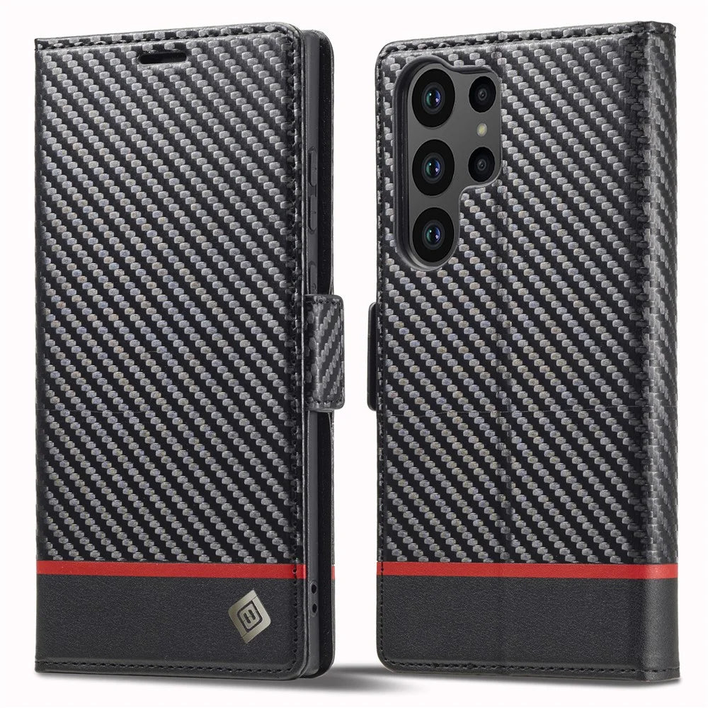 LC.IMEEKE For Samsung Galaxy S25 Ultra Case Carbon Fiber Texture Phone Cover Stand Card Holder - Horizontal Stripe - 1