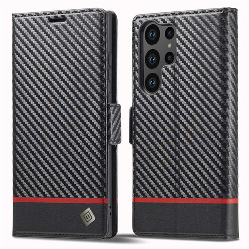LC.IMEEKE For Samsung Galaxy S25 Ultra Case Carbon Fiber Texture Phone Cover Stand Card Holder - Horizontal Stripe - 1