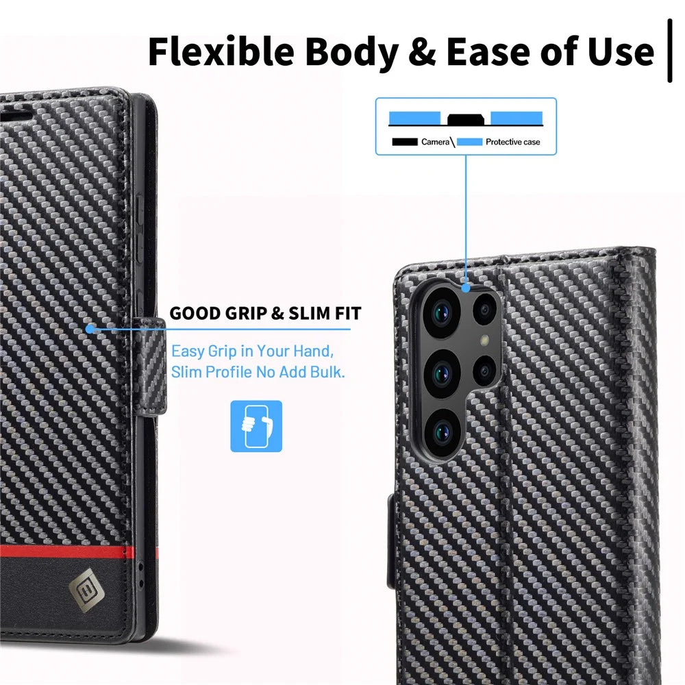 LC.IMEEKE For Samsung Galaxy S25 Ultra Case Carbon Fiber Texture Phone Cover Stand Card Holder - Horizontal Stripe - 5