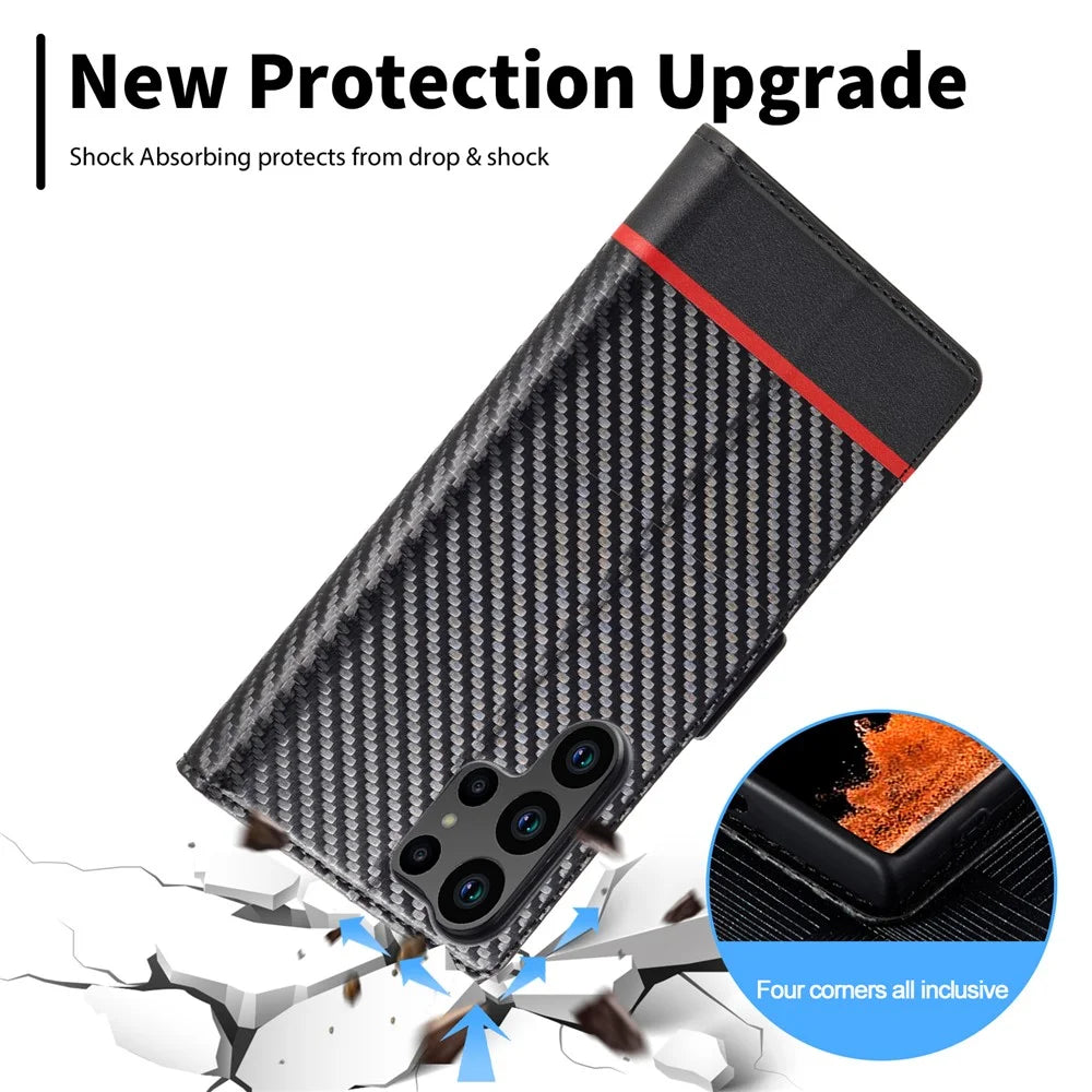 LC.IMEEKE For Samsung Galaxy S25 Ultra Case Carbon Fiber Texture Phone Cover Stand Card Holder - Horizontal Stripe - 6