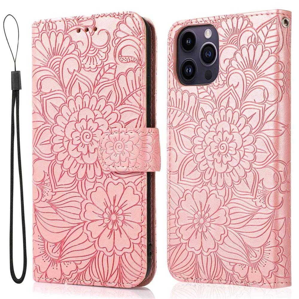 PU Leather Phone Case for iPhone 14 Pro Max, Imprinted Flower Pattern Stand Wallet Case with Strap - Pink - 1