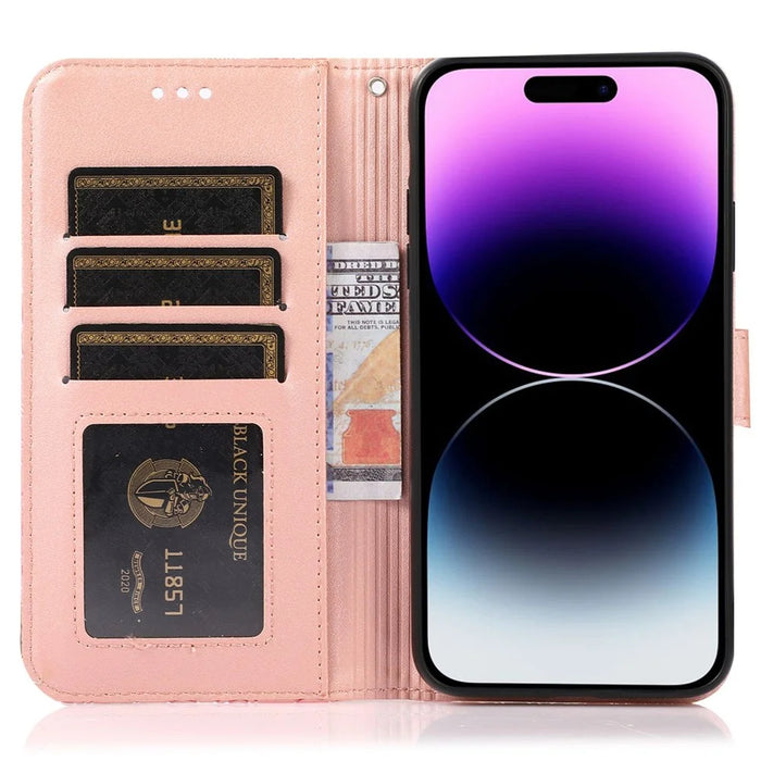 PU Leather Phone Case for iPhone 14 Pro Max, Imprinted Flower Pattern Stand Wallet Case with Strap - Pink - 2