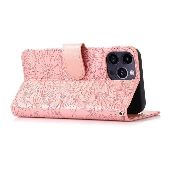 PU Leather Phone Case for iPhone 14 Pro Max, Imprinted Flower Pattern Stand Wallet Case with Strap - Pink - 4