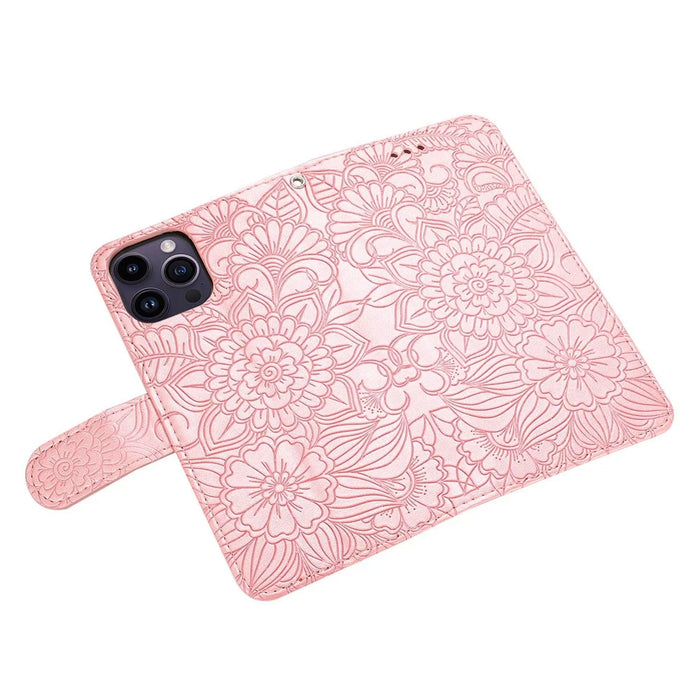 PU Leather Phone Case for iPhone 14 Pro Max, Imprinted Flower Pattern Stand Wallet Case with Strap - Pink - 6