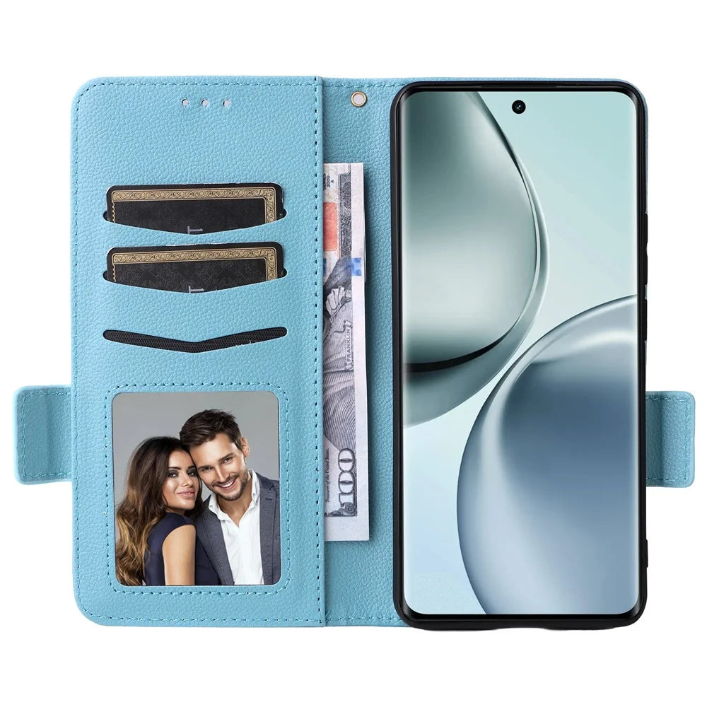 For Realme 14 Pro 5G Case with Wrist Strap Litchi Texture PU Leather Wallet Phone Cover - Baby Blue - 2