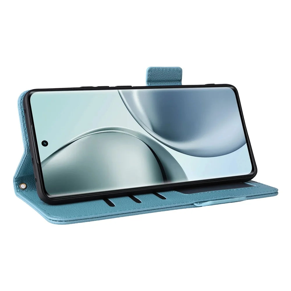 For Realme 14 Pro 5G Case with Wrist Strap Litchi Texture PU Leather Wallet Phone Cover - Baby Blue - 4