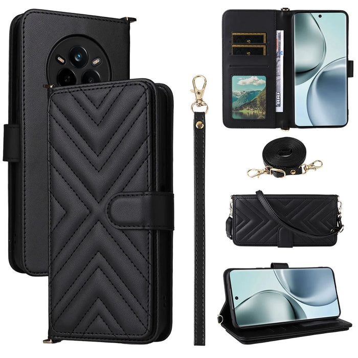 For Realme 14 Pro 5G Wallet Case with Shoulder / Wrist Strap Leather Phone Cover Stand - Black - 1