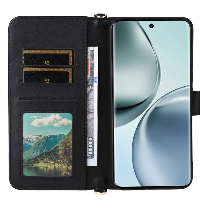 For Realme 14 Pro 5G Wallet Case with Shoulder / Wrist Strap Leather Phone Cover Stand - Black - 2