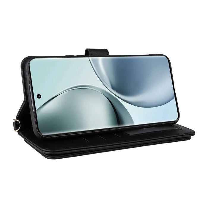 For Realme 14 Pro 5G Wallet Case with Shoulder / Wrist Strap Leather Phone Cover Stand - Black - 3