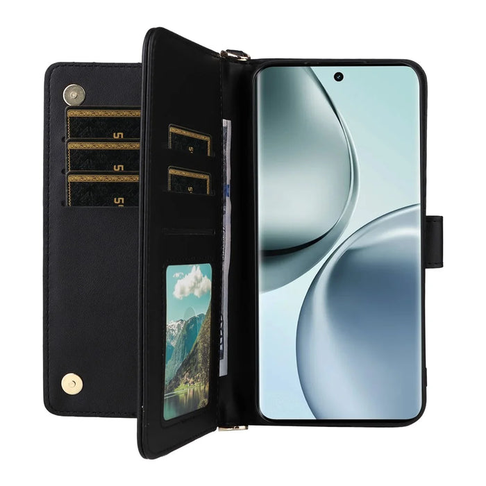For Realme 14 Pro 5G Wallet Case with Shoulder / Wrist Strap Leather Phone Cover Stand - Black - 6