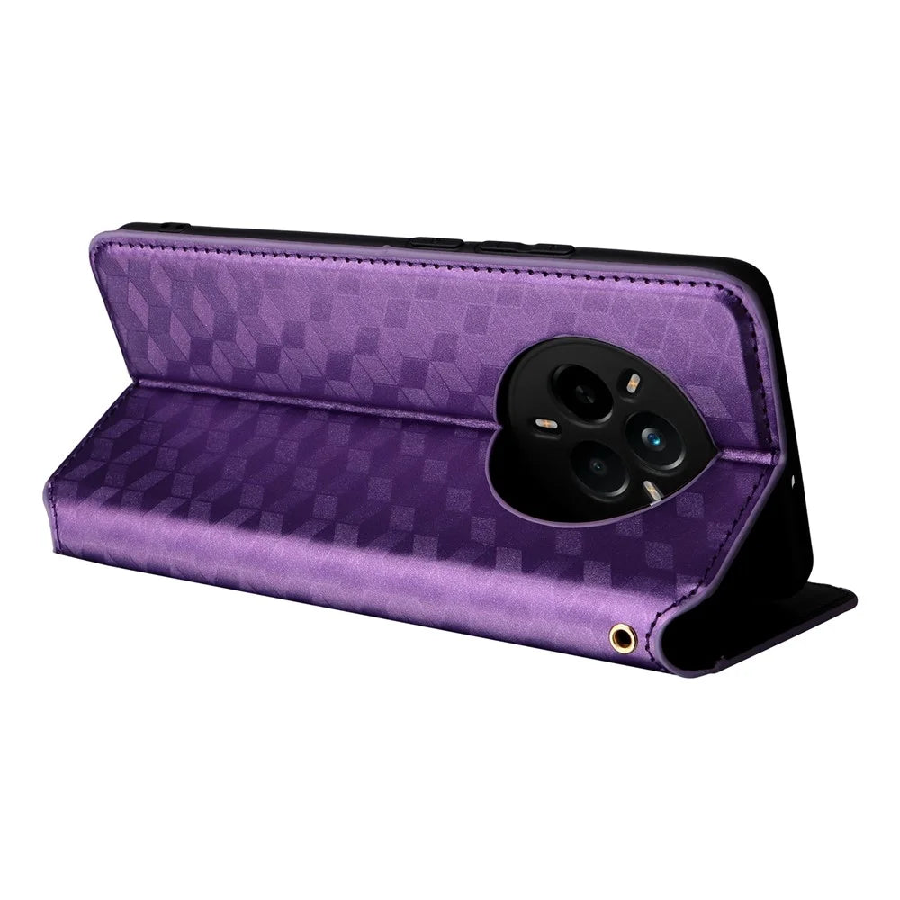 For Realme 14 Pro 5G Case Wallet Rhombus Imprinted Leather Phone Cover - Purple - 4
