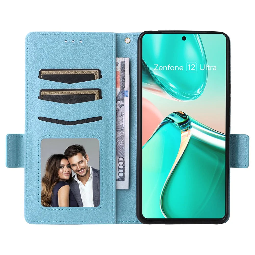 For Asus Zenfone 12 Ultra 5G Case with Wrist Strap Litchi Texture PU Leather Wallet Phone Cover - Baby Blue - 2