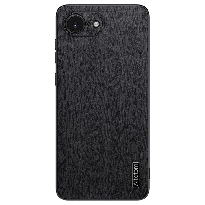 For iPhone 17e / 16e Case Wood Texture PU Leather Coated PC TPU Phone Cover - Black - 1