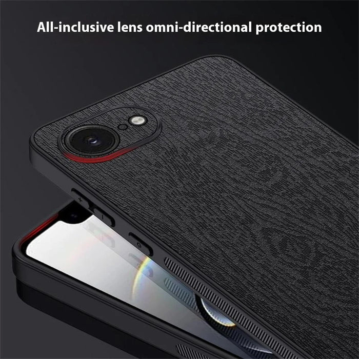 For iPhone 17e / 16e Case Wood Texture PU Leather Coated PC TPU Phone Cover - Black - 2