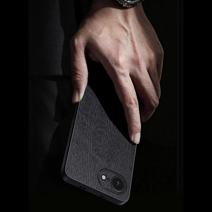 For iPhone 17e / 16e Case Wood Texture PU Leather Coated PC TPU Phone Cover - Black - 3