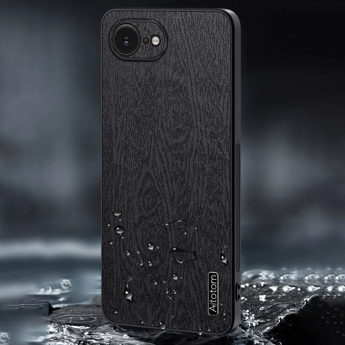 For iPhone 17e / 16e Case Wood Texture PU Leather Coated PC TPU Phone Cover - Black - 4
